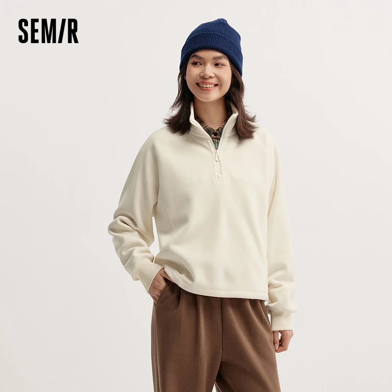 Semir Sweater Women Polar Fleece Stand-Up Collar Raglan Sleeve 2024 New Winter Loose Drawstring Top