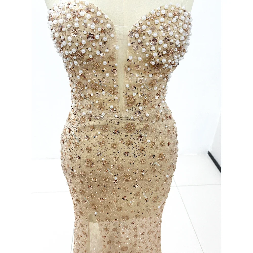 Exquisite Crystal Sequined Evening Dress Spaghetti Strapless Split Chapel Train Sleeveless Mermaid Luxury Women Prom Dress