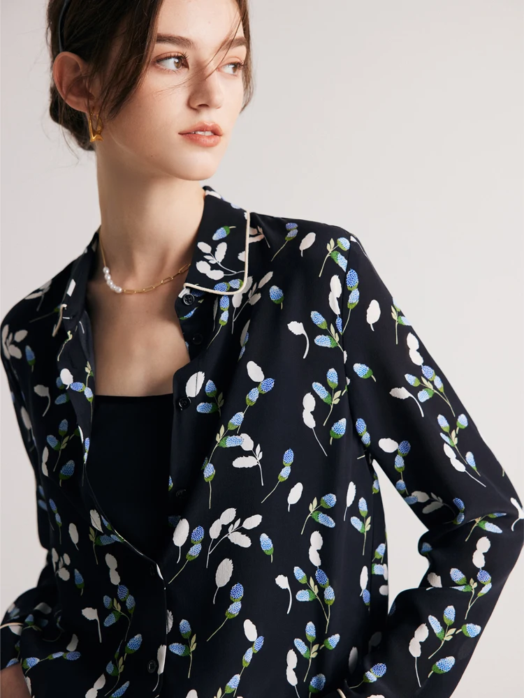 SuyaDream Women Floral Shirts 100%Pure Silk Turn Down Collar Printed Chic Blouses 2023 Spring Summer Office Lady Top Navy