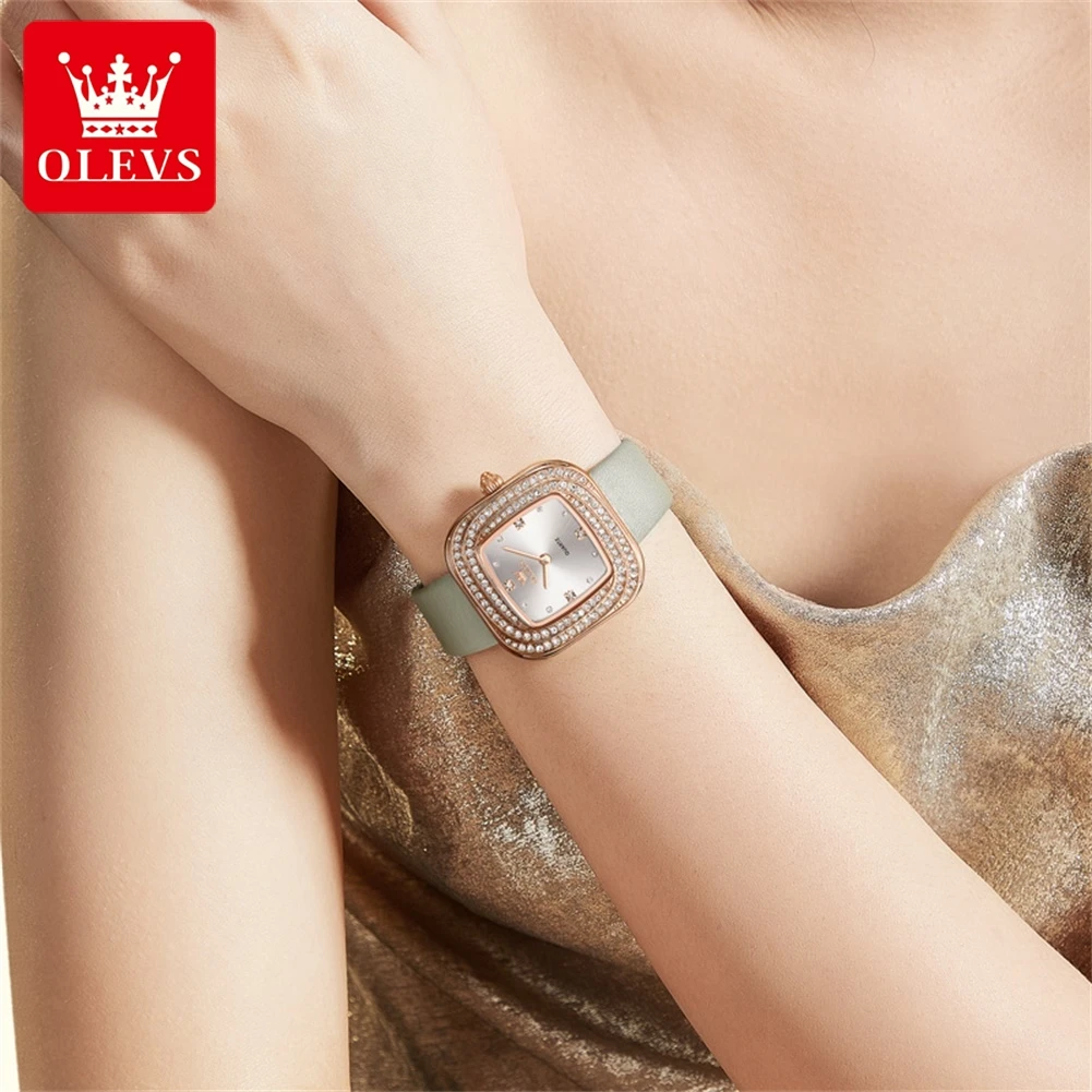 OLEVS 5512, брендовые женские кварцевые часы с квадратным корпусом и бриллиантами, повседневные часы, водонепроницаемые часы с кожаным ремешком, элегантные женские наручные часы