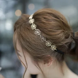 Golden Rose Flower Elastic Women Girls Hair Band Hollow Charming Headband Accessories