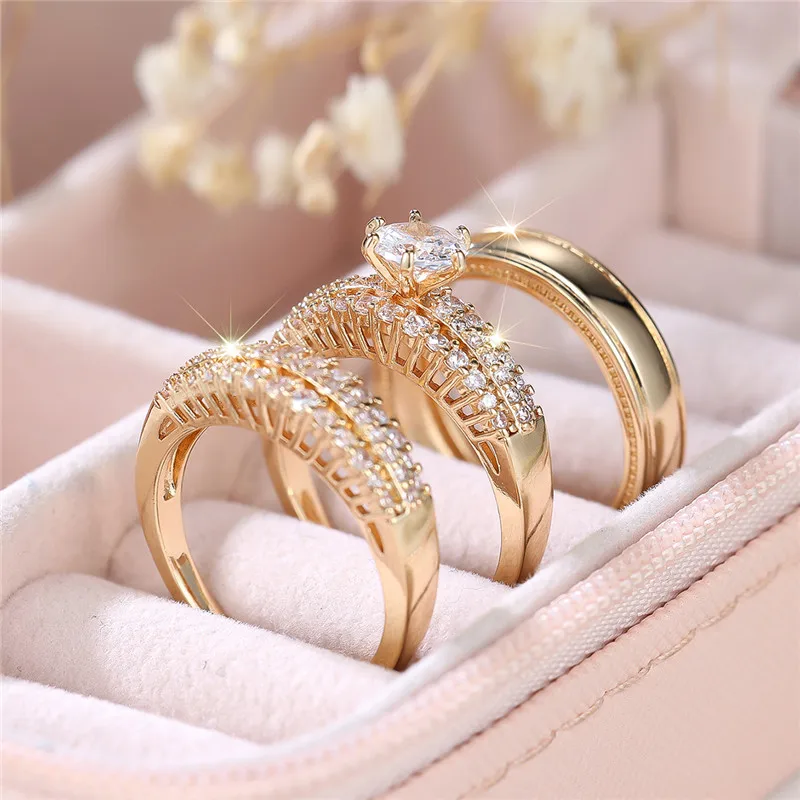 Female Luxury Crystal White Zircon Stone Engagement Ring Sets Cute Wedding Jewelry For Women