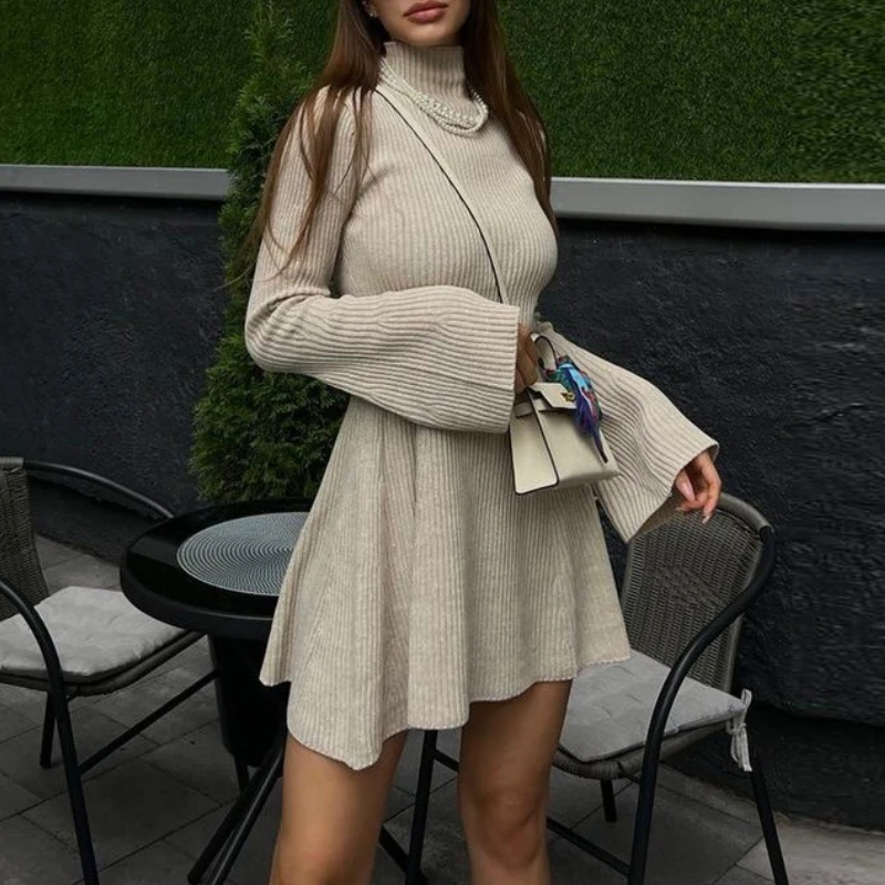 

Women'S Autumn Winter Knitted Sweater Dress Solid Turtleneck Long Flare Sleeve Elegant Twist Waist Casual A-Line Dress Femme