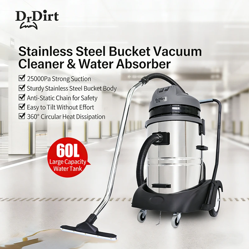 Hotel EU Standard 60L 3000W Triple Motor High Power Warehouse Stainless Steel Wet And Dry Vacuum Cleaner