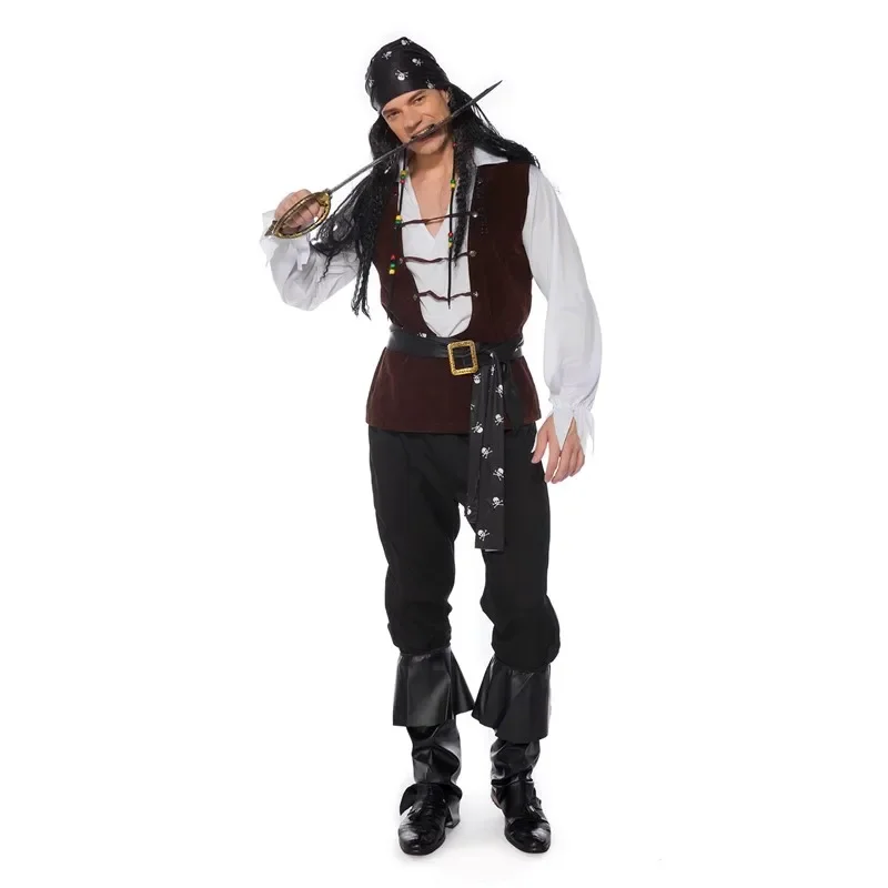 

Deluxe Aldult Men Jack Sparrow Captain Cosplay Costume Halloween Carnival Party Caribbean Pirate Fancy Dress