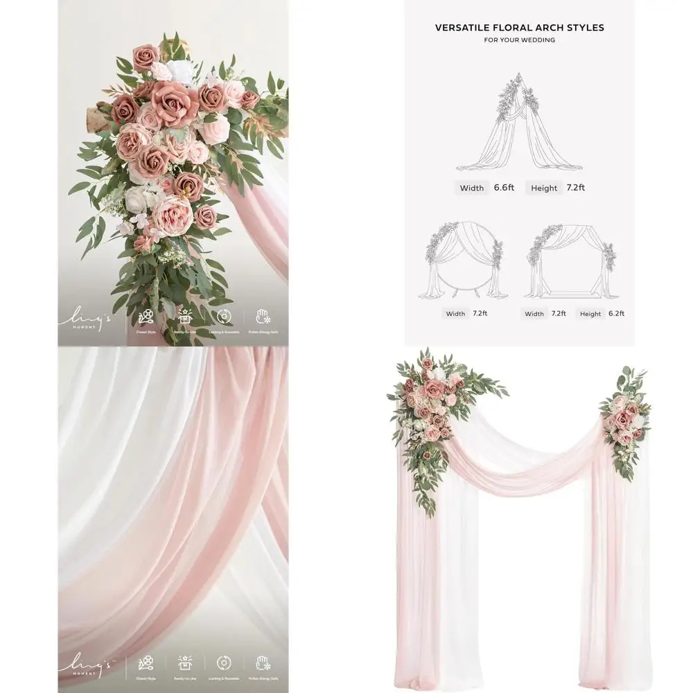 Silk Rose Wedding Arch Kit with 4 Pieces, Hanging and Draped Arrangements for Outdoor Spring Floral Garden Decor