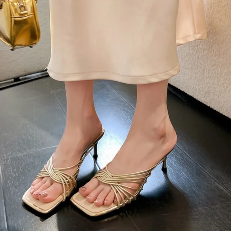 

French Square Toe Crossed Skinny Strap High Heel Slippers Feminine Stiletto Open Toe Roman Sandals
