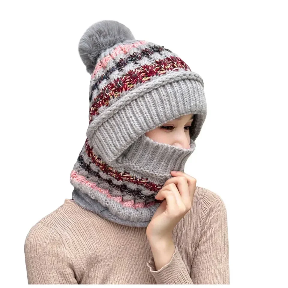Women Winter Knitted Balaclava Hat Ear Fluffy Hats With Pompom Fleece Lined Face Cover Earmuff Hat For Cycling Skiing