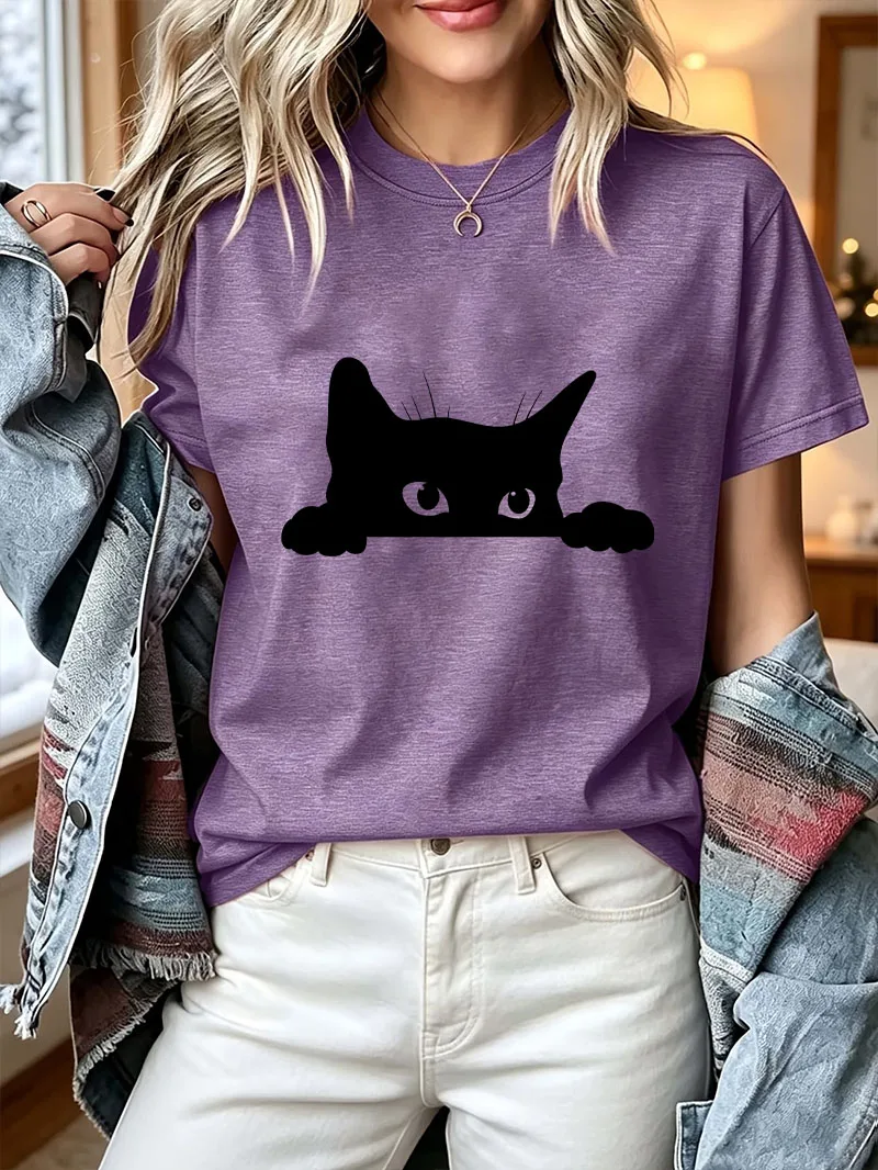 Y2k Women Trendy Black Cat Print T Shirt Cute Cat Streetwear Graphic Tee Casual Crew Neck Short Sleeve Cat Lover Pet Daily Tops