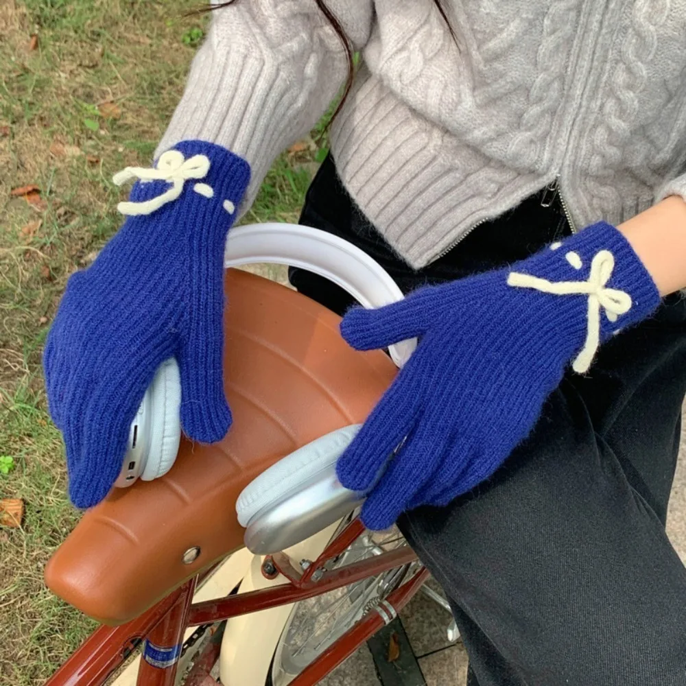 

Bow Knot Knitted Woolen Gloves New Polyester Solid Color Riding Split Finger Gloves Women Gloves