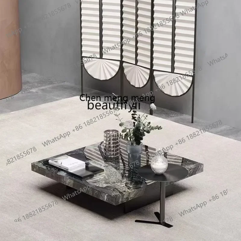 Designer Venice brown natural marble square coffee table living room stainless steel brushed base