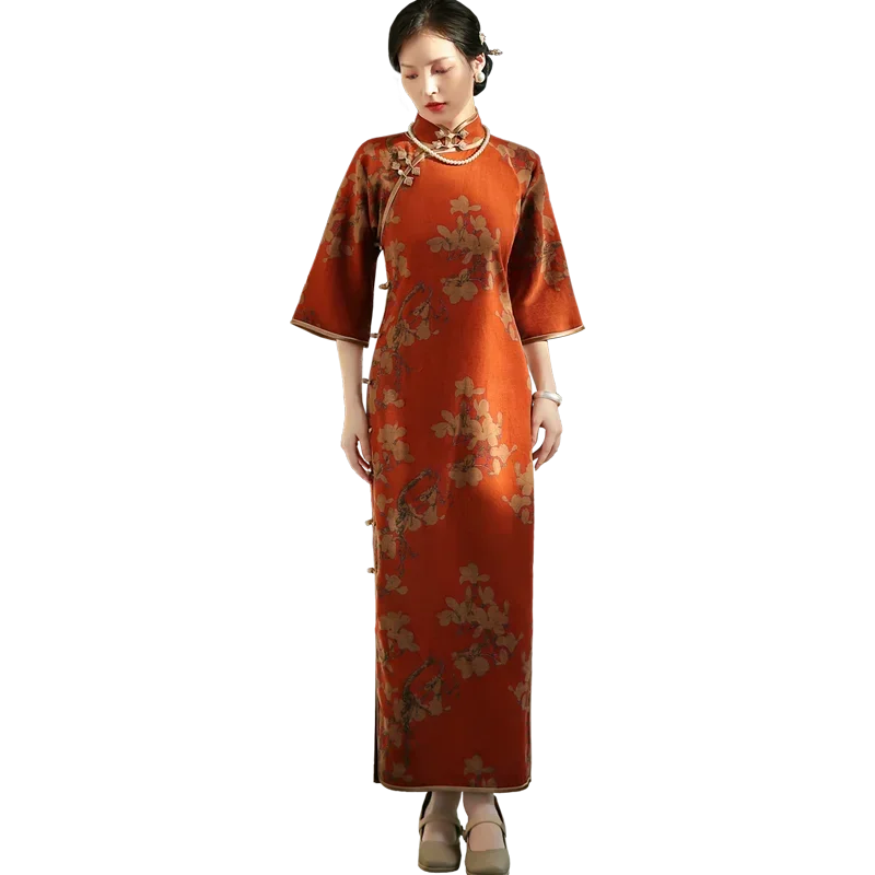 Vestido Qipao de estilo chino para mujer, estampado naranja, cuello levantado, Mangas de longitud media, vestido Cheongsam moderno, vestido medieval