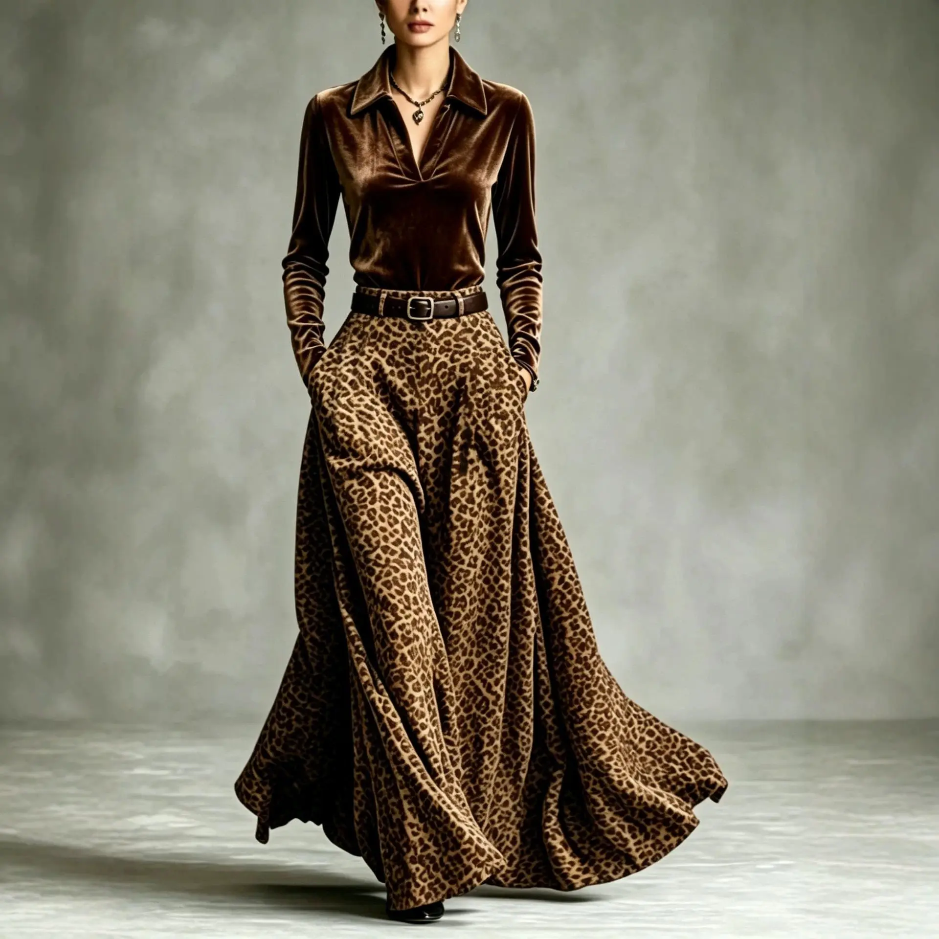 Women Velvet Lapel Long Sleeve Blouse & Leopard Print Maxi Skirt 2 Piece Outfit Elegant High Waist Flowy Skirt Matching Set