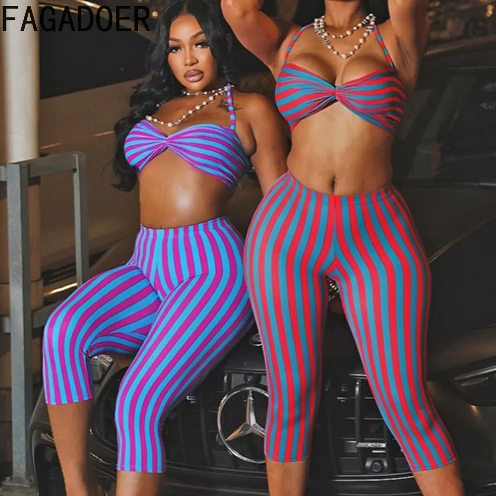 

FAGADOER Sexy Color Block Stripes 2 Pieces Set for Woman Outfits Halter Backless Crop Top and Pants Suits Female Streetwear New