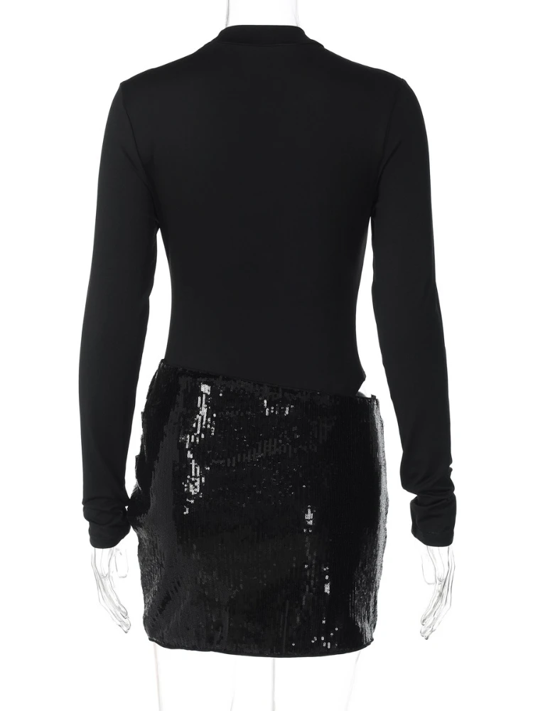 Foamlina Women's Black Long Sleeve Mini Dress Elegant Cut-out Slim Sequins Patchwork Bodycon Fall Winter Fashion Dress for Party