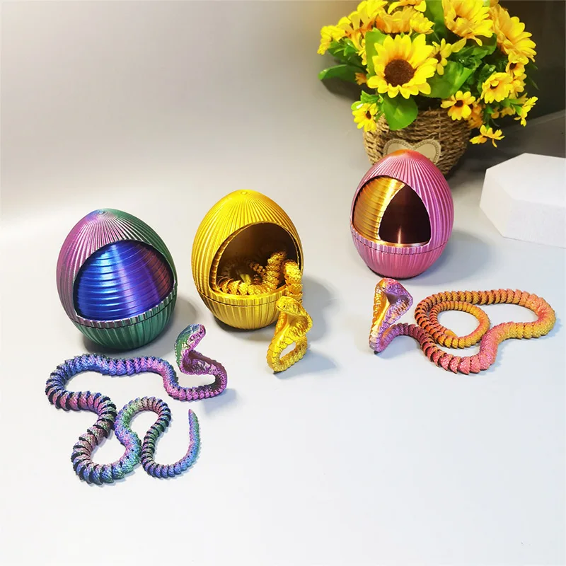 New 3D Snake Eggs Home Snake Egg Decor 3D Printed Snake with Gear Egg Flexible Animals Cute Egg Figure for Desk Decoration Toys