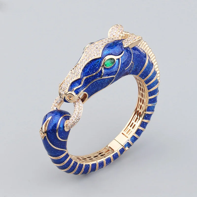 

European and American Fashion Enamel Blue Zebra Titanium Steel Inlaid AAA Zircon Luxury Animal Bracelet