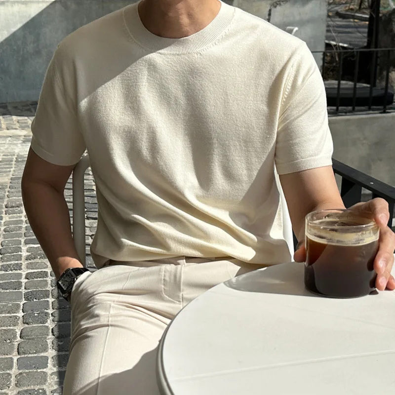 

Новая летняя трикотажная рубашка с коротким рукавом, мужская однотонная шелковая рубашка с круглым вырезом, деловая модная рубашка