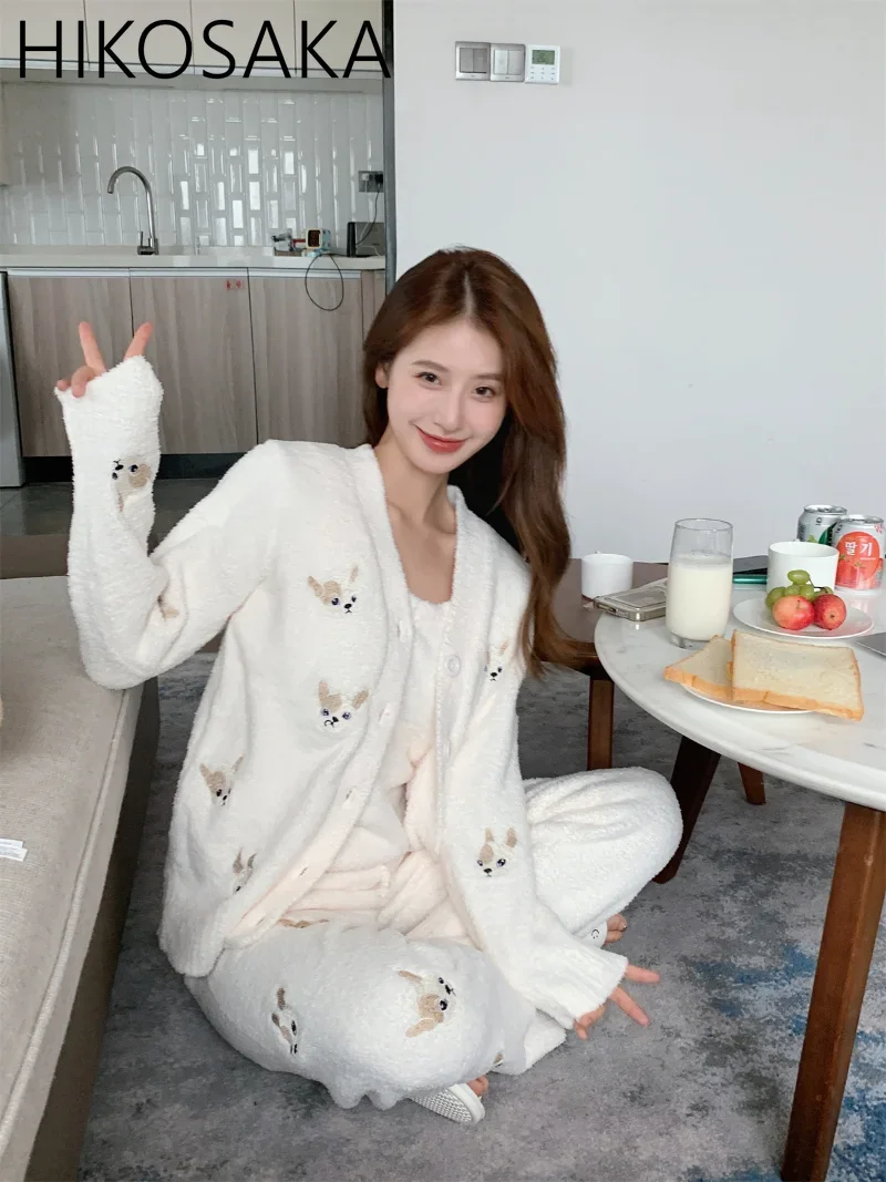 Autumn Winter Fashion Casual Pajama Sets V-neck Cardigan Trousers Pijamas Feminino Cute Cartoon Embroidery Loose Homewear Suit