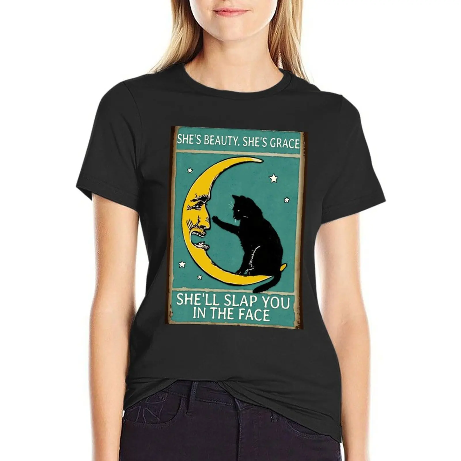 Black Cat Funny Moon She's Beauty She's Grace T-Shirt anime clothes oversized plus size tops oversized t shirts for Women