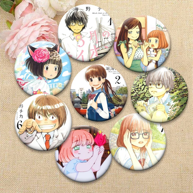 

Anime March Comes in Like A Lion Brooches on Backpack Accessories Round Cartoon Badge Kawamoto Hinata,Takao Kurosawa Pins Gifts