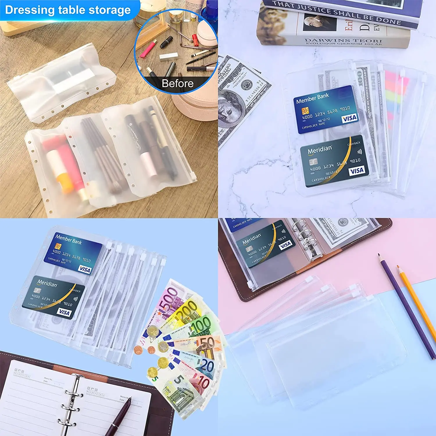 19 Pcs A6 Binder Folder 6 Holes Pvc Transparent Zipper Pockets, Colorful, Card, Waterproof Budget Envelope, for Notebook Planner