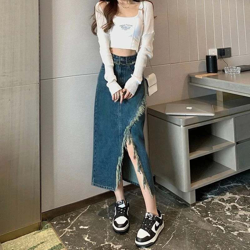 2026 New Arrival A Line Denim Half Skirt for Women Design Sense High Waist Slimming Midi Length Frayed Edge Irregular Slit