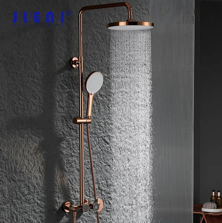 

JIENI Rose Gold Bathroom Shower Faucet Set Round Showerhead Three Functions Control High End Bath Shower System W/ Hand Shower