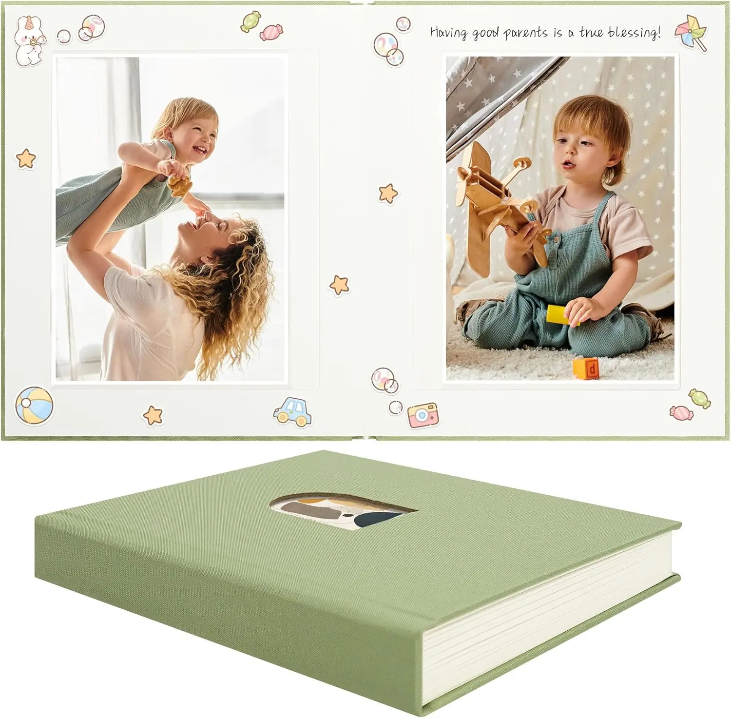 

Photo Album 5x7 with Writing Space, Fabric Cover Picture Book Holds 30 Pockets for Wedding Baby Family Graduation, Green