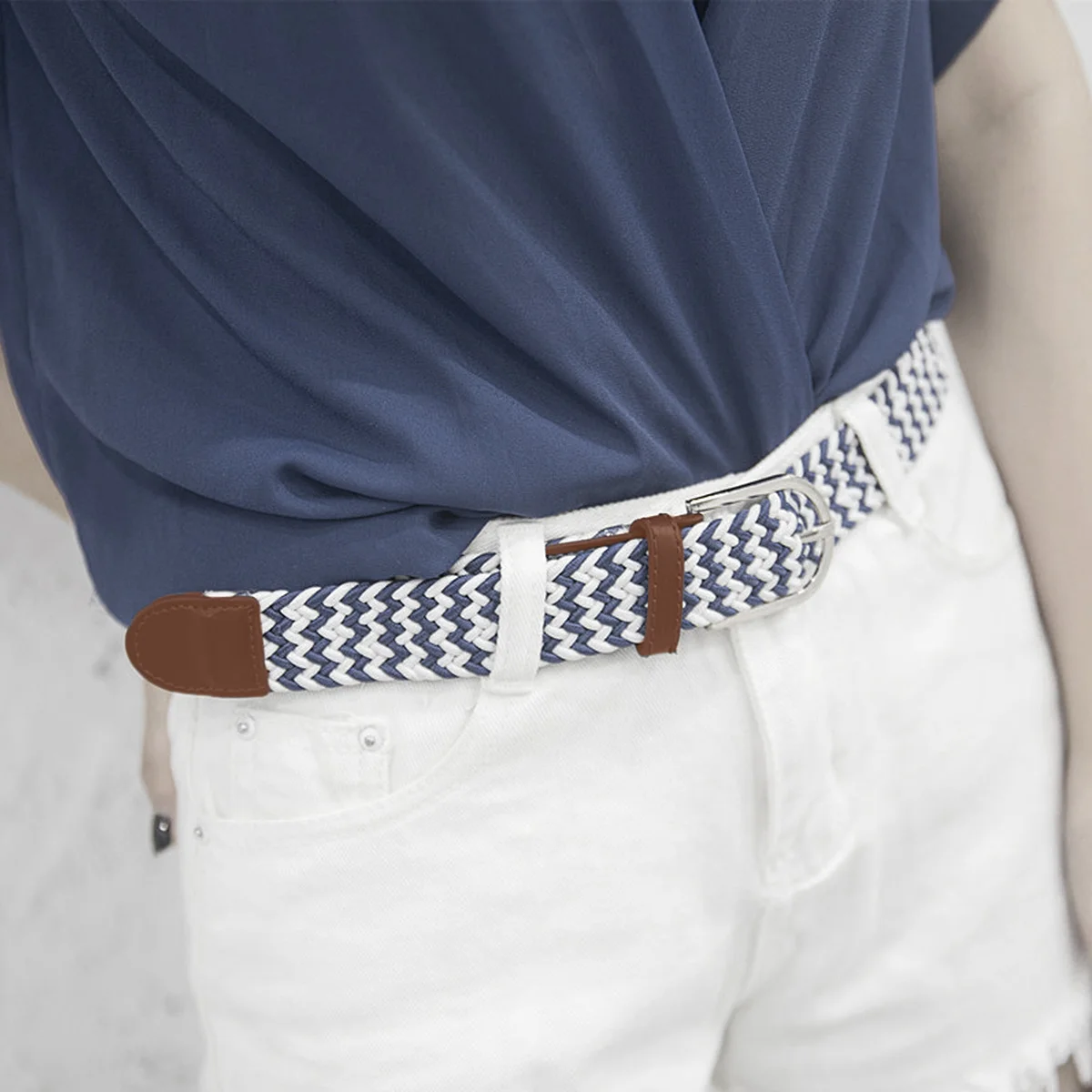 حزام خصر مطاطي منسوج مرن، حزام عادي من خليط معدني، إبزيم ناعم قابل للتنفس، حزام من مزيج البوليستر للرجال والنساء