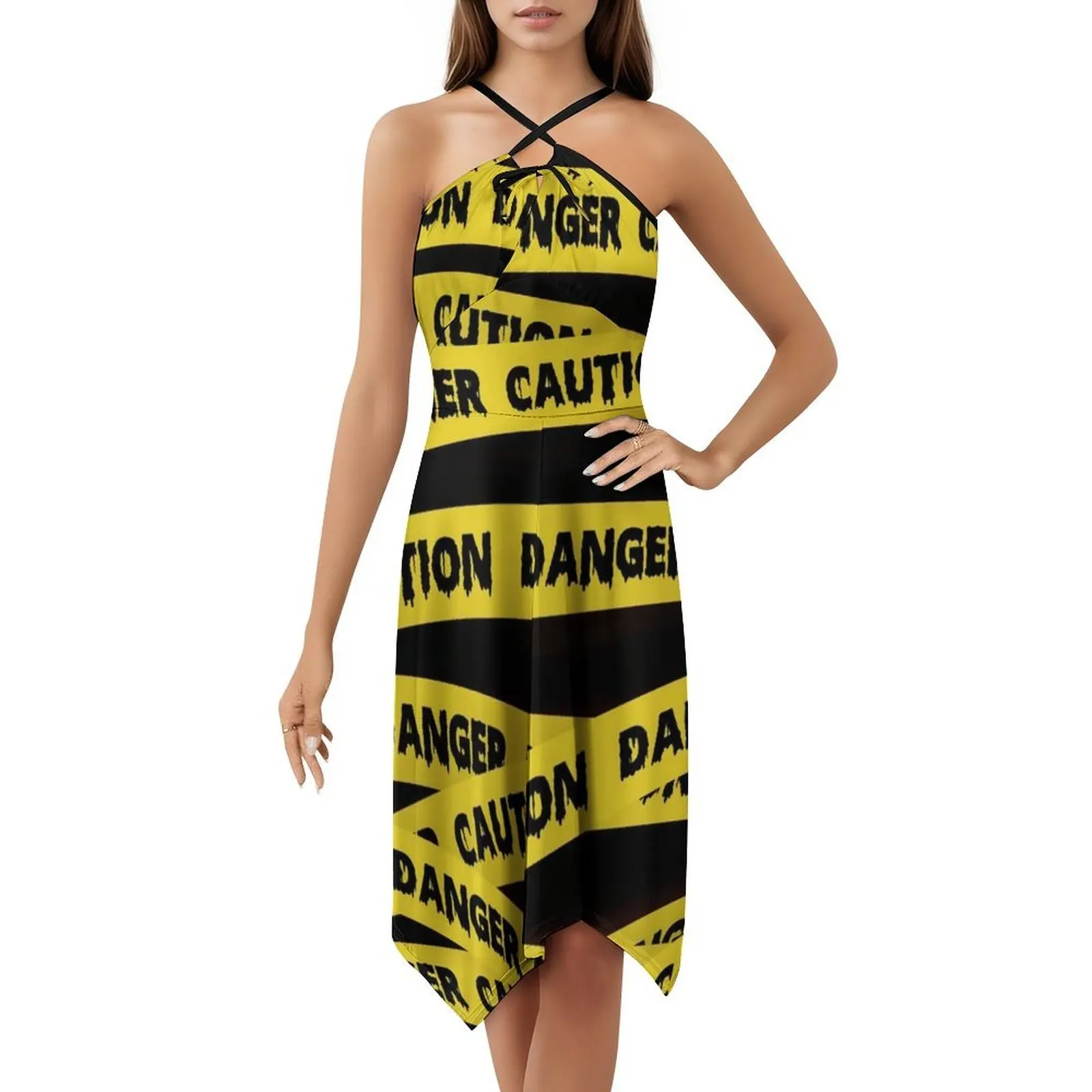 الحذر الشريط خطر الجريمة المشهد الشريط البوهيمي أكمام فستان متعدد طباعة الشاطئ عطلة فستان حفلة الحذر الشريط خطر الجريمة #5