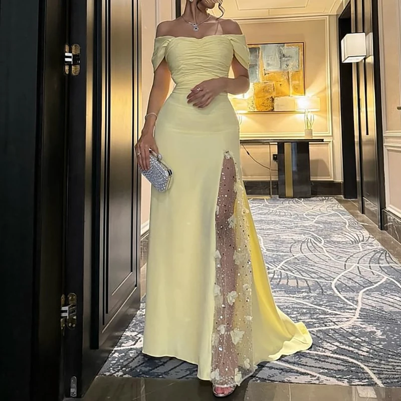 Simple Elegant Off Shoulder Prom Gown Dress Women Yellow Lace Floral Party Evening Dress Ankle Length Special Occasion Dresseses