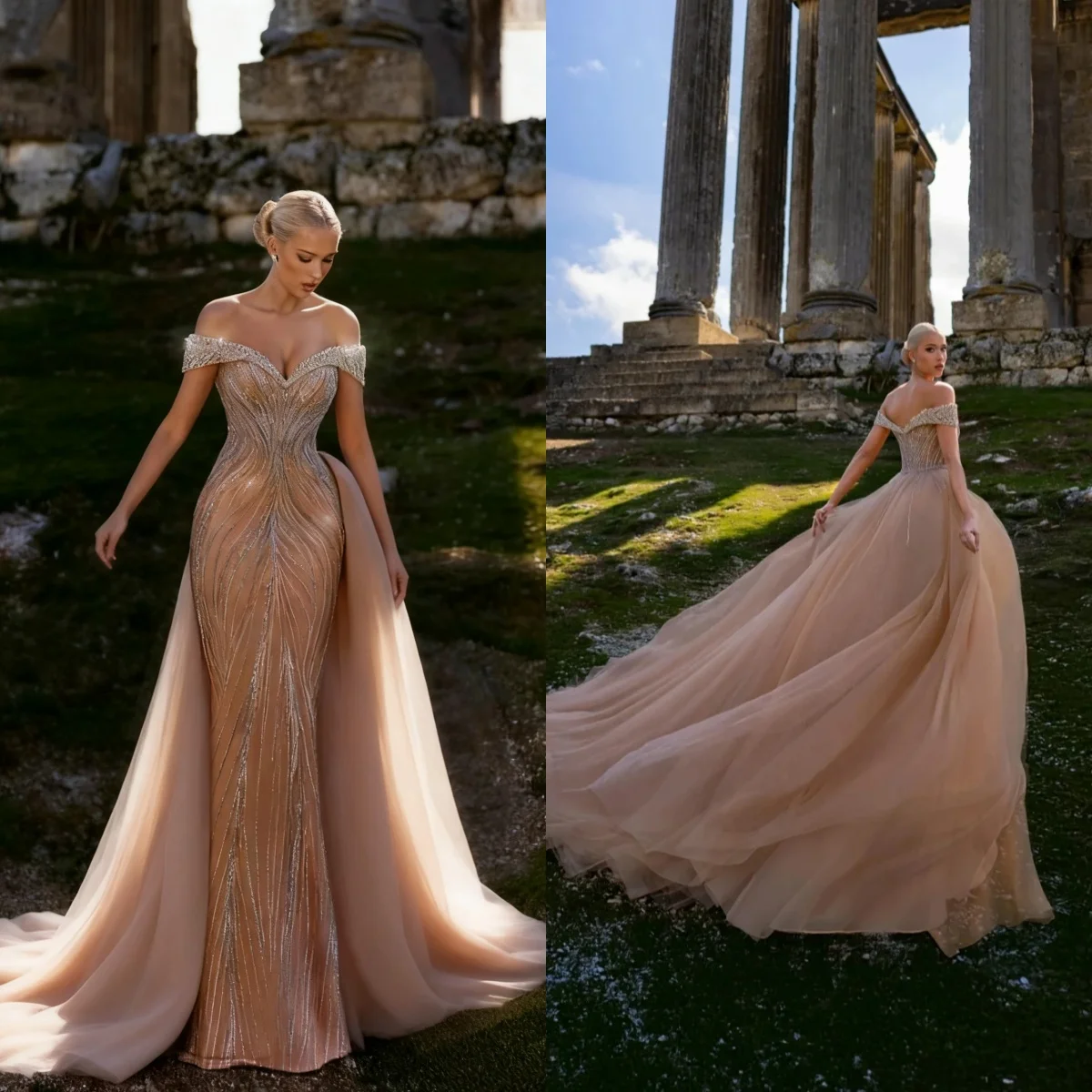 

Graceful Evening Dresses Mermaid Sequins Lace Floor-Length Prom Dress Detachable Train Vestido De Noite Plus Size Customized