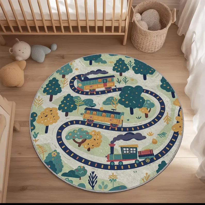 Outdoor Adventure For Toddlers - Round Kids Train Rug, Nursery Playroom