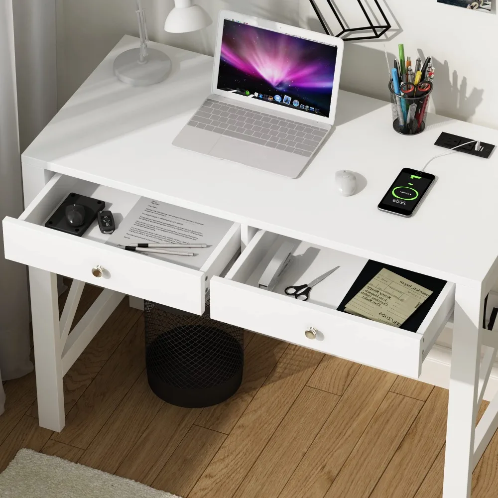 Bureau d'ordinateur avec ports de charge USB et prises de courant, bureau blanc de 39 pouces avec égouts de proximité, table d'écriture d'étude avec cadre en X stable