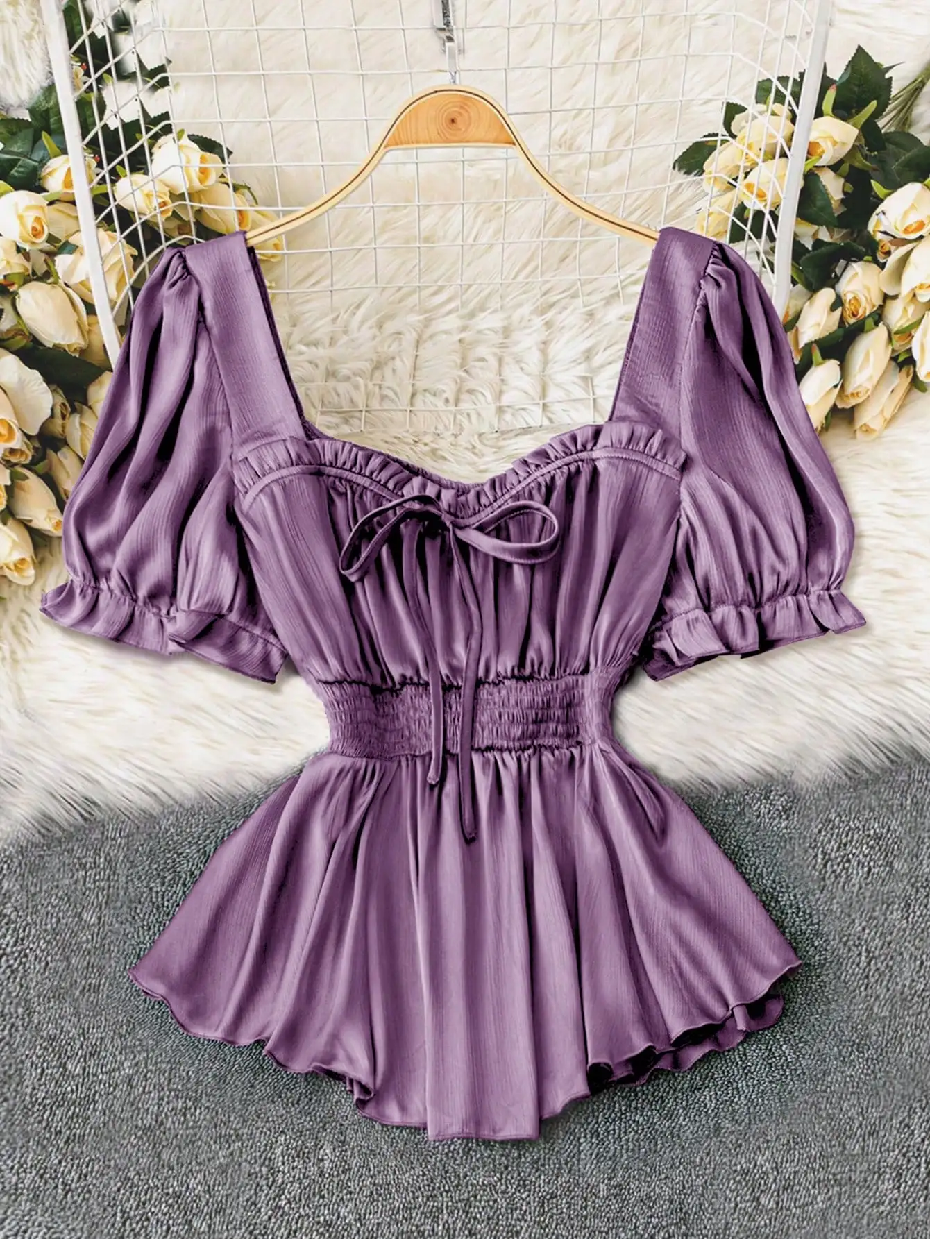 Elegant Purple Pleated Top - A-Line Waist Design with Flared Sleeves for Slimming Effect Plus Size Women's Fashion view 3