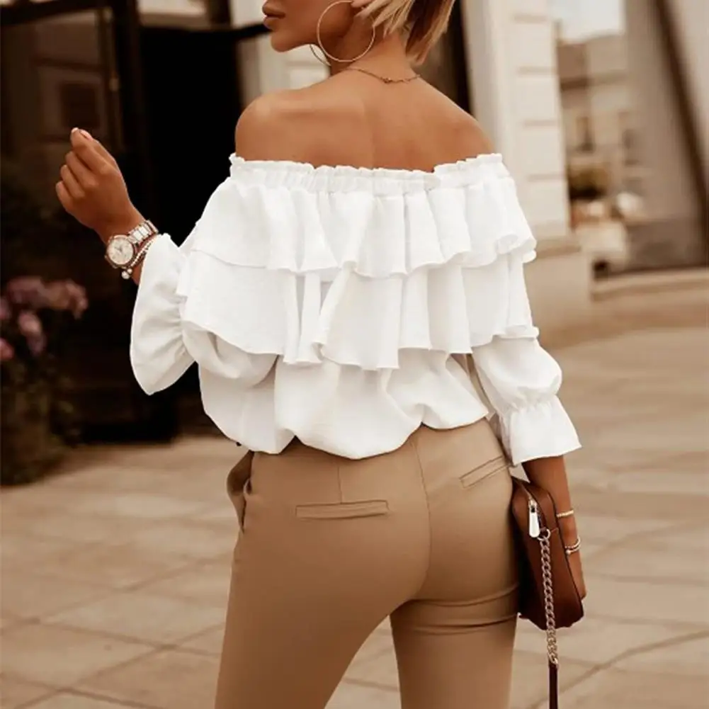 Elegant Women Blouse Off Shoulder Drawstring Collar Layered Ruffle Lantern Long Sleeve Office Lady Pullover Top Female Clothing