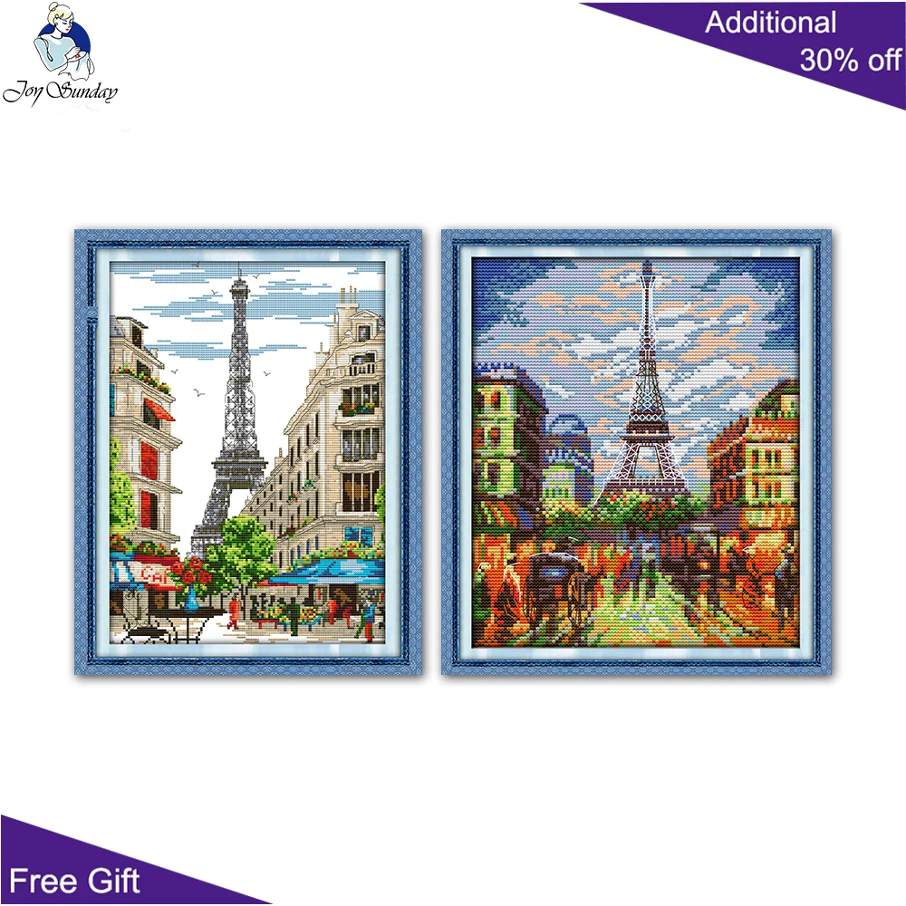 Joy Sunday Paris Street Scene Cross Stitch Kits, counted Stamped Canvas Eiffel Tower Cross Stitch, FA120, FA177