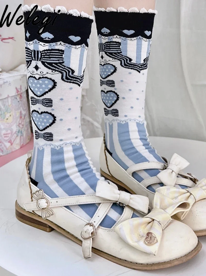 

Jirai Kei Lolita Cute Blue and White Cotton Socks for Women Sweet Girl Japanese Princess College Style Versatile Love Calf Socks