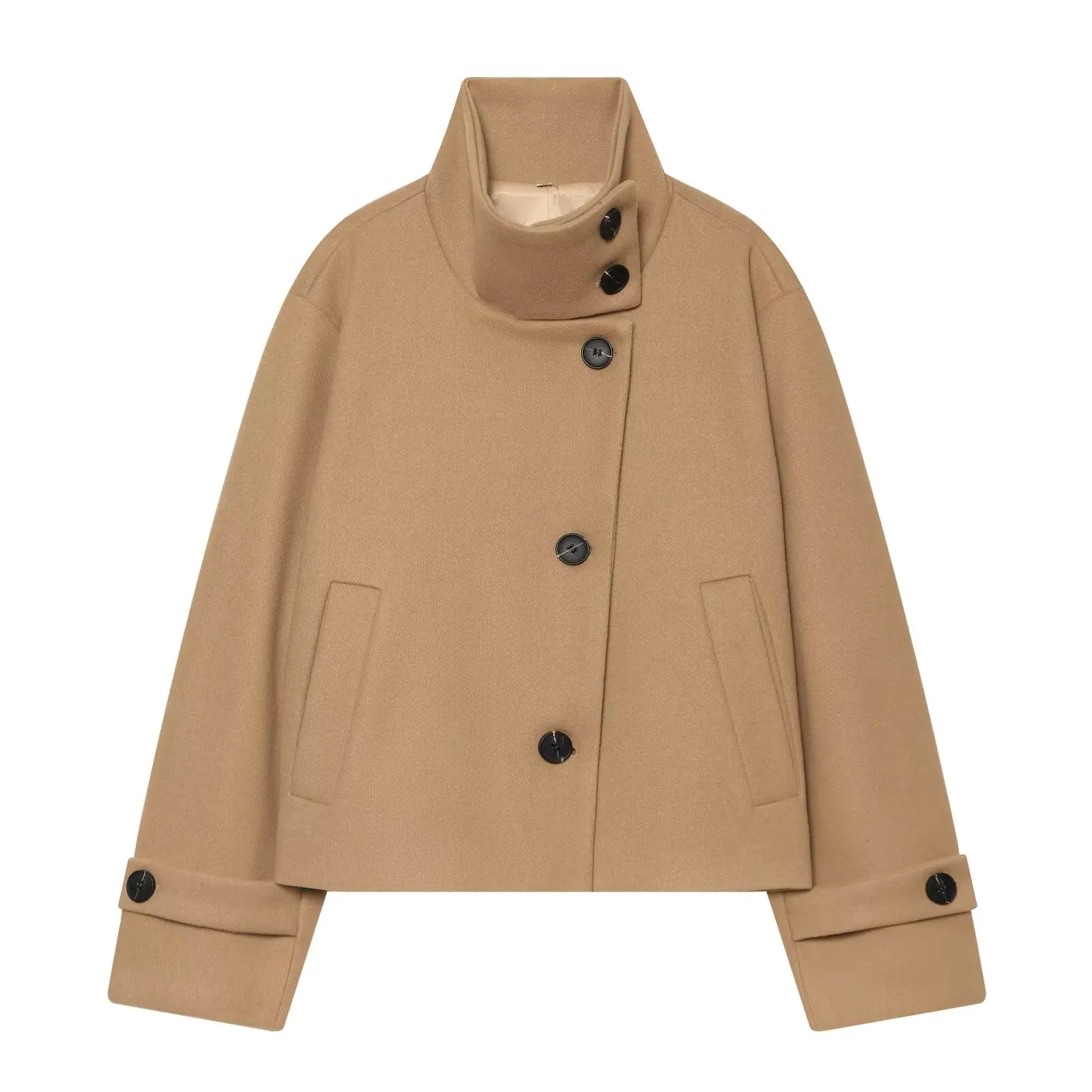 DUOPERI Women Multi Color Asymmetric Placket Cropped Coat High Stand Collar Long Sleeve Female Chic Lady Casual Outerwear