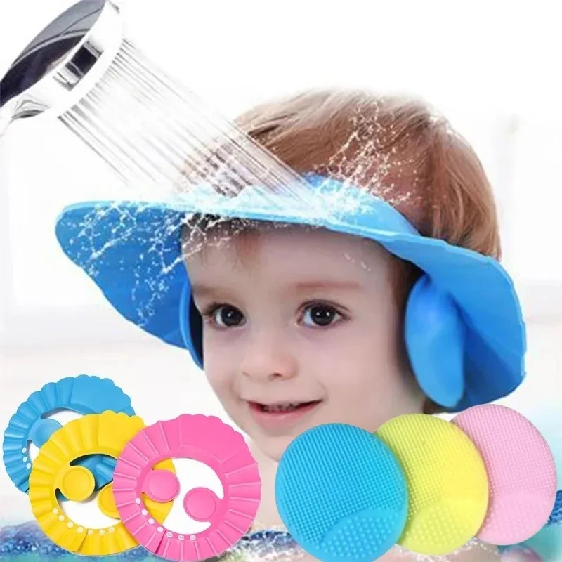 Bonnet de douche réglable pour bébé avec brosse à shampooing en silicone, chapeau imperméable pour enfants, bonnet de douche pour les yeux et les oreilles, brosse de bain