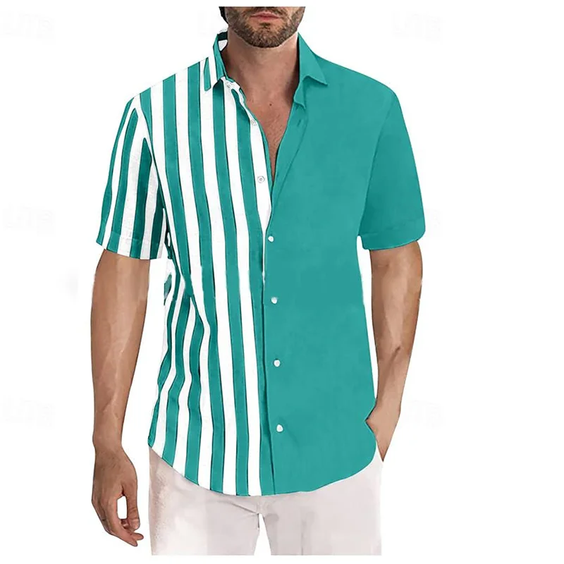 ﻿ Men's 2024 New Button Collar Multi color Striped Short sleeved Shirt Soft and Comfortable Spring/Summer Large Shirt XS-5XL