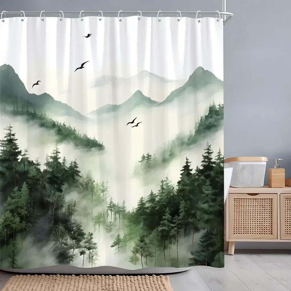 

Занавеска для душа с туманным лесом, лесными птицами, акварельное искусство, креативная полиэфирная ткань, занавески для душа, украшение для ванной комнаты с крючками