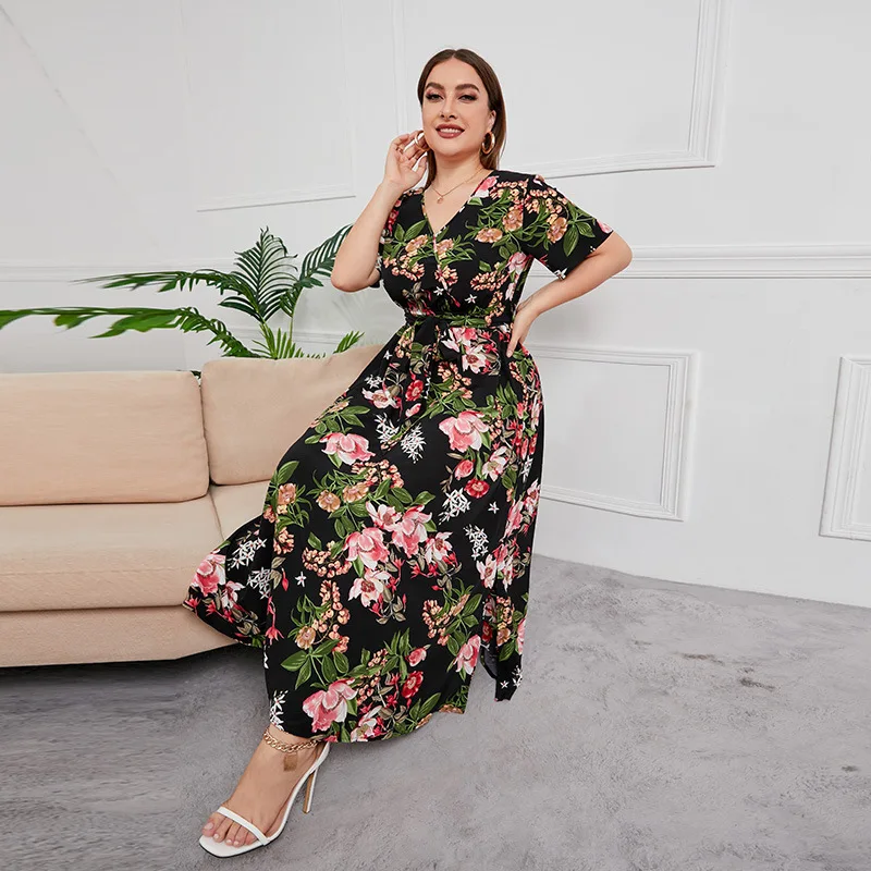 Plus Size V-hals Bloemenprint Boho Jurk Dames Zomer Korte Mouw Maxi Jurken Vakantie A-lijn Vrouwelijke Gordel Zwart Sexy Wit