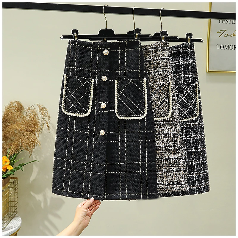 Xiaoxiangfeng Woolen A-line Skirt, Mid-length Skirt, Winter Design, Pocket-breasted, High Waist, Hip-covering One-step Skirt