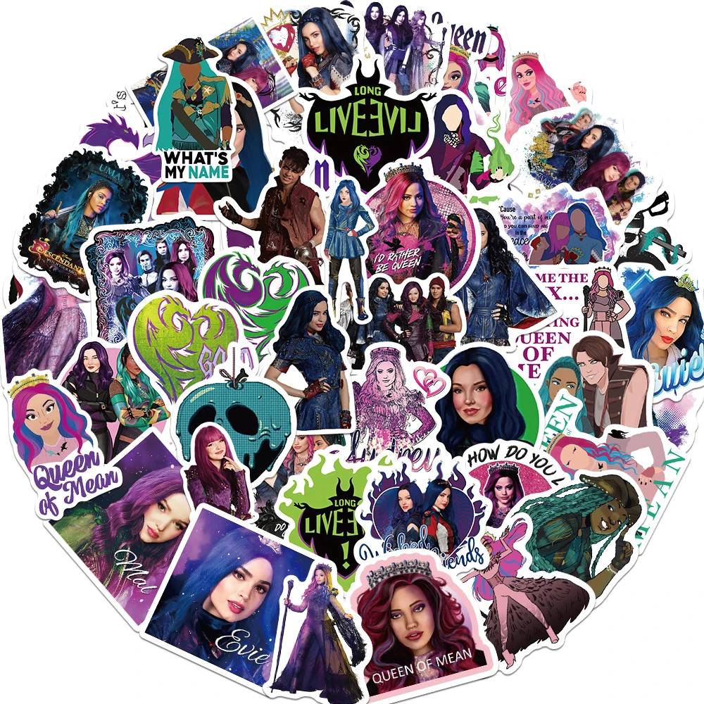 50pcs Disney Cartoon Stickers Descendants Decals DIY Laptop Luggage Phone Guitar Motorcycle Waterproof Sticker Children Toy