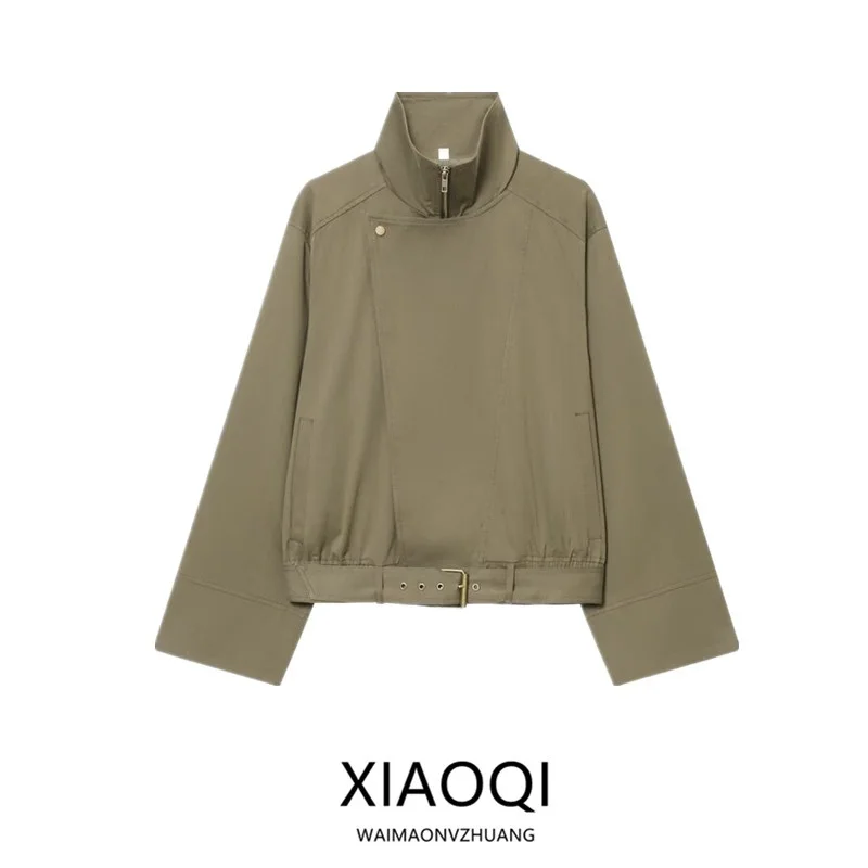 

Осень-зима, новое женское свободное универсальное пальто с высоким воротником и поясом, 2025 г., свободное пальто для поездок на работу, длинная молния, чистая ...