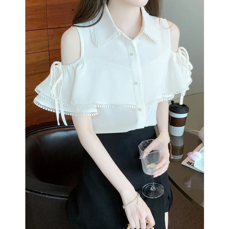 Blusa sencilla con hombros descubiertos para mujer, Camisa de gasa de manga acampanada empalmada coreana, Color sólido, Verano