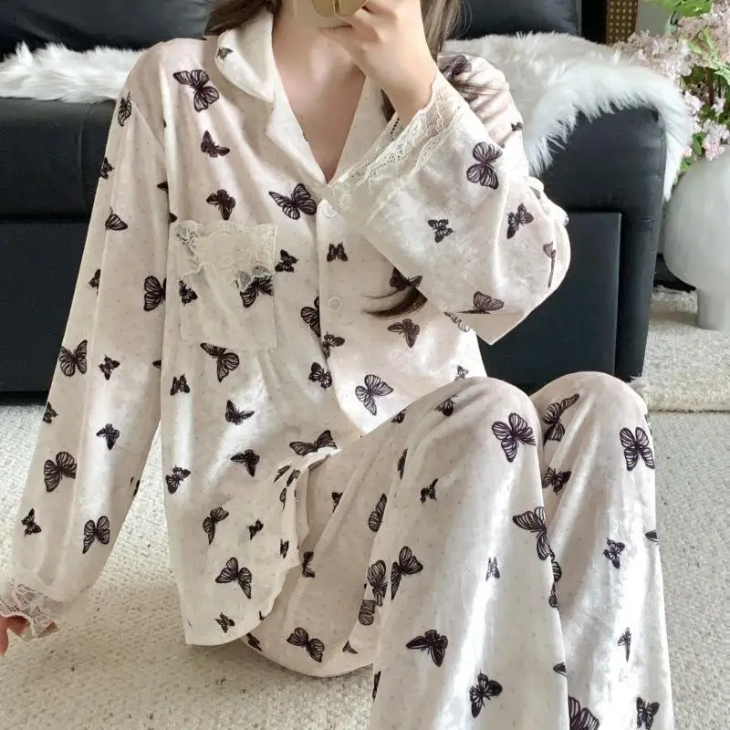 Hot 2026 Women Autumn Winter Lace Long Sleeved Fashion Comfort Pajamas Two Piece Set Korean Version Casual Temperament Home Suit