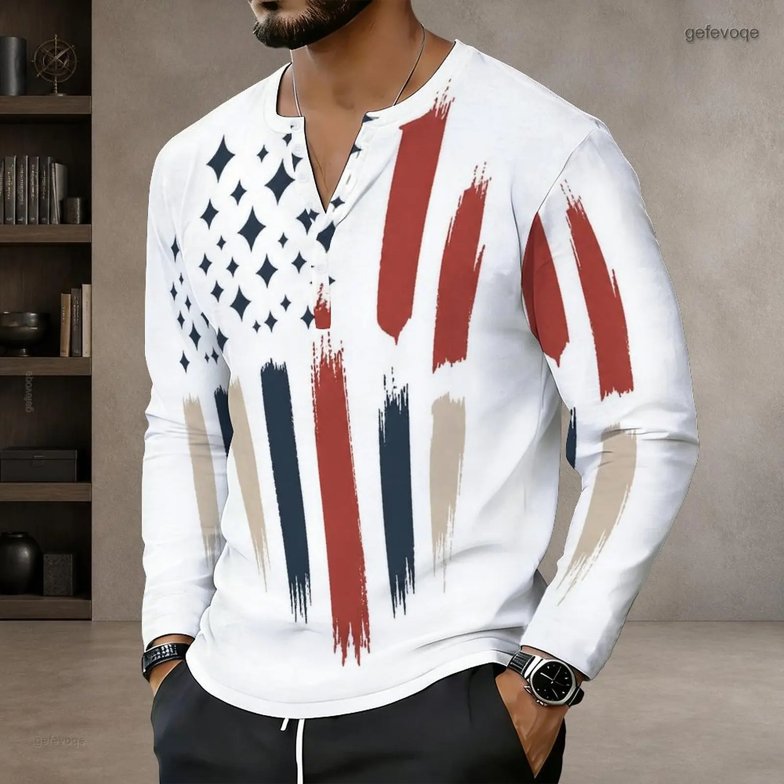 Printed Top for Men Notch Neck Long Sleeve Pullover Straight Hem